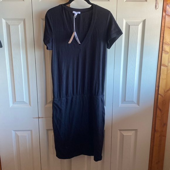 James Perse NWT Black Vneck Short Sleeve Dropped Waist Tshirt Midi Dress Size 3 - Picture 3 of 13